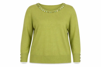 Per Una Women Green Size 14 Cotton Jewel Neck 3/4 Sleeve Pullover Jumper
