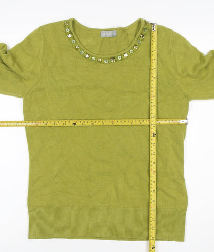 Per Una Women Green Size 14 Cotton Jewel Neck 3/4 Sleeve Pullover Jumper
