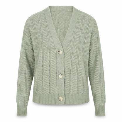 Marks & Spencer Women Green M Cable Knit V-Neck Button Cardigan