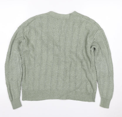 Marks & Spencer Women Green M Cable Knit V-Neck Button Cardigan