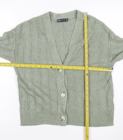 Marks & Spencer Women Green M Cable Knit V-Neck Button Cardigan