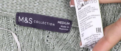 Marks & Spencer Women Green M Cable Knit V-Neck Button Cardigan
