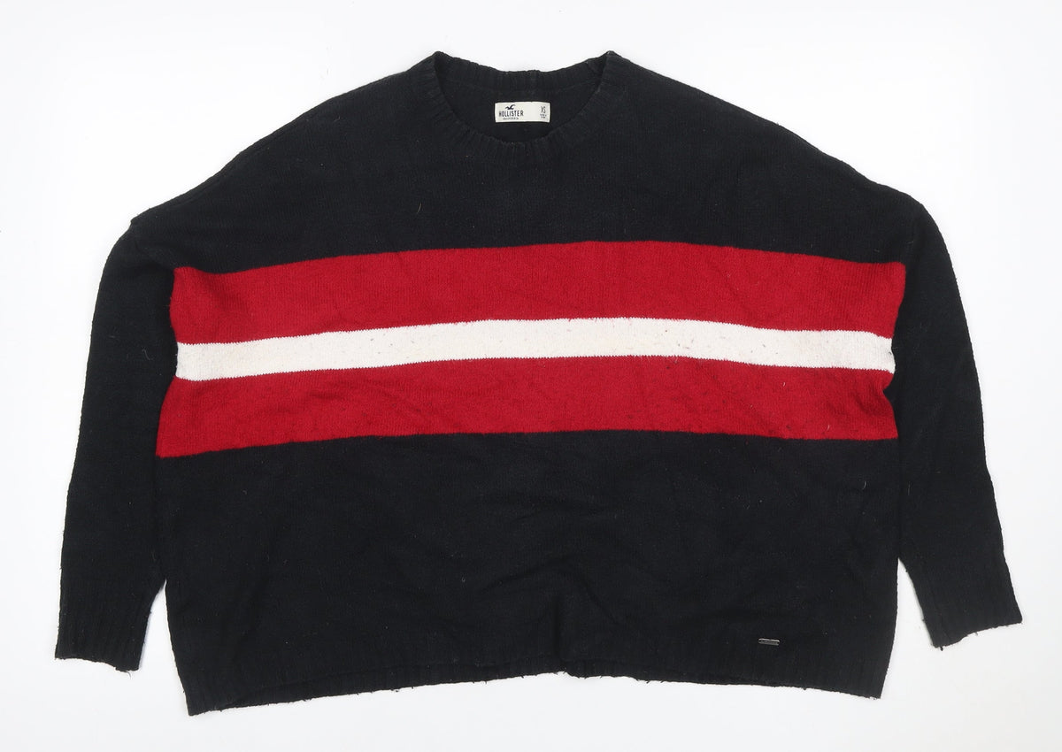 Hollister Women’s XS Black Red White Stripe Crew Neck Knit Jumper
