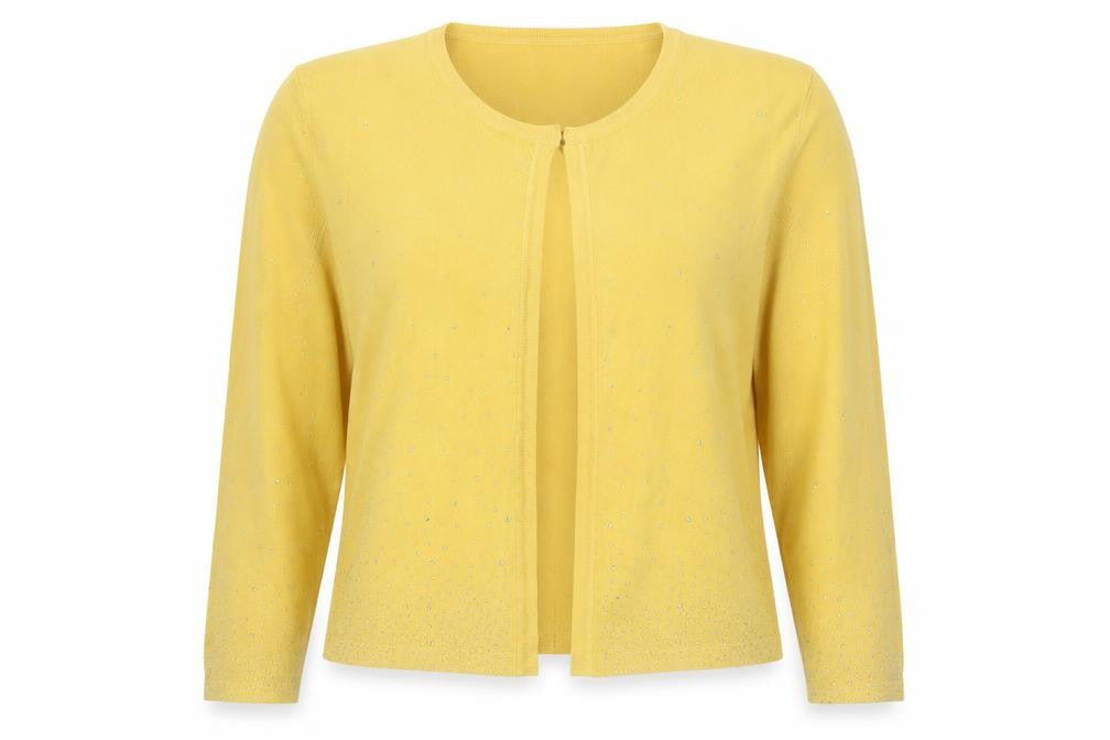 Front view of Gerard Women’s Yellow Rhinestone Knit Cardigan, size UK 12/14
