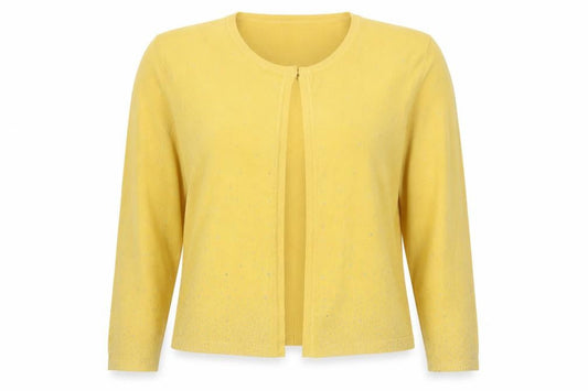 Front view of Gerard Women’s Yellow Rhinestone Knit Cardigan, size UK 12/14