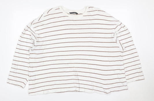 Dunnes Women White Brown Striped Cotton Crew Neck Jumper XL