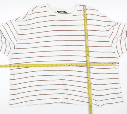 Dunnes Women White Brown Striped Cotton Crew Neck Jumper XL