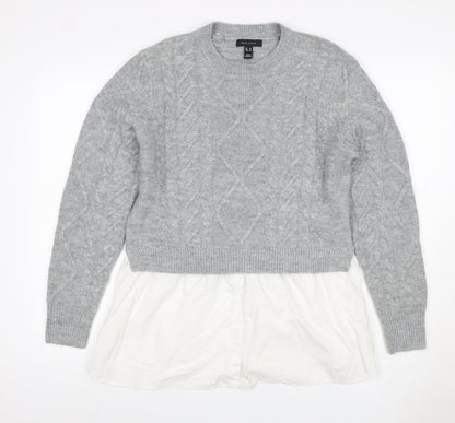 New Look Women Grey White UK 14 Cable Knit Layered Hem Jumper