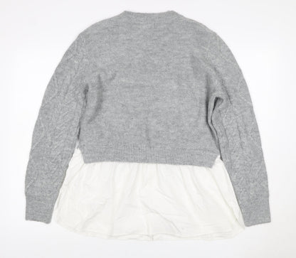 New Look Women Grey White UK 14 Cable Knit Layered Hem Jumper