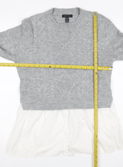 New Look Women Grey White UK 14 Cable Knit Layered Hem Jumper