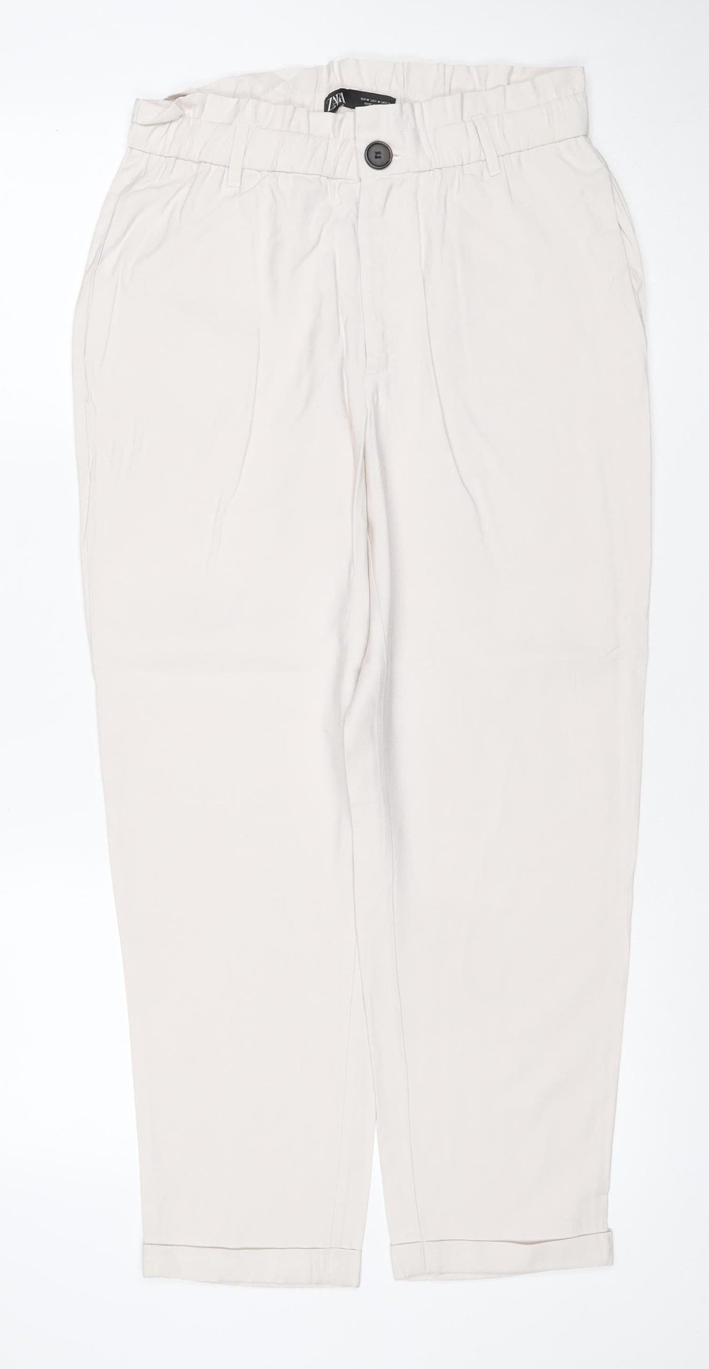 Zara Women Ivory M High Rise Elastic Waist Straight Trousers
