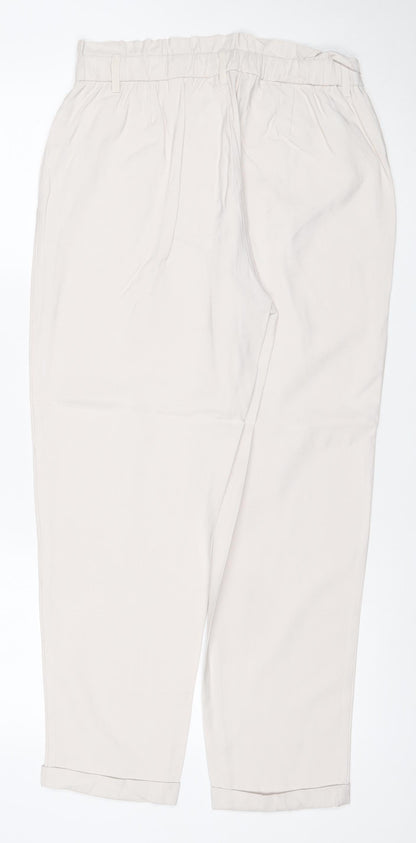 Zara Women Ivory M High Rise Elastic Waist Straight Trousers