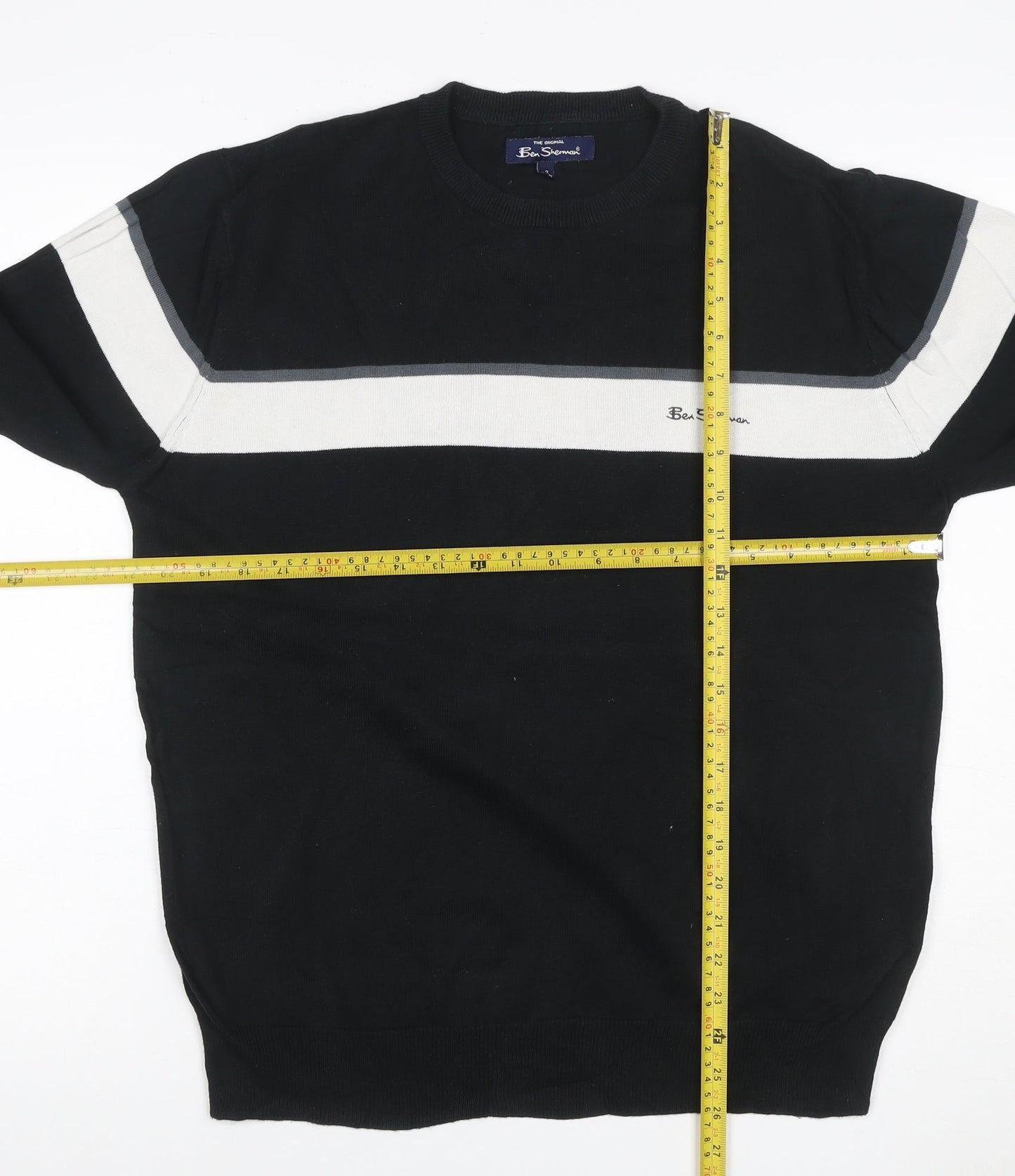 Ben Sherman Men's Black M Cotton Striped Crew Neck Pullover Jumper