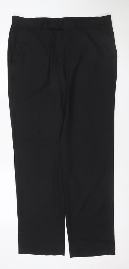 Marks and Spencer Men Black 36 33 Flat Front Straight Dress Trousers
