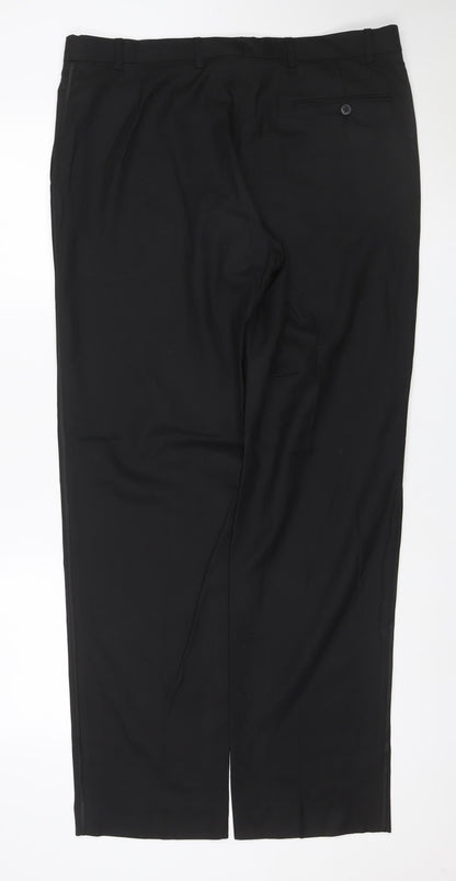 Marks and Spencer Men Black 36 33 Flat Front Straight Dress Trousers