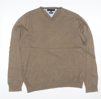 Tommy Hilfiger Men’s Beige L Cotton V-Neck Logo Pullover Jumper