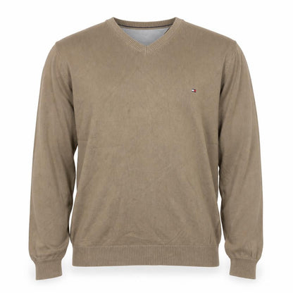 Tommy Hilfiger Men’s Beige L Cotton V-Neck Logo Pullover Jumper