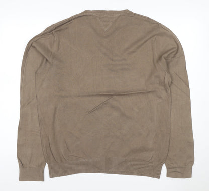Tommy Hilfiger Men’s Beige L Cotton V-Neck Logo Pullover Jumper