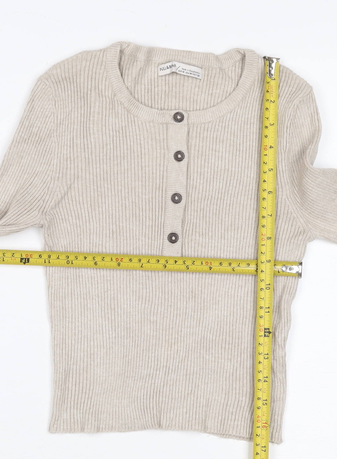 Pull&Bear Women's Beige M Rib Knit Button Henley Long Sleeve Jumper