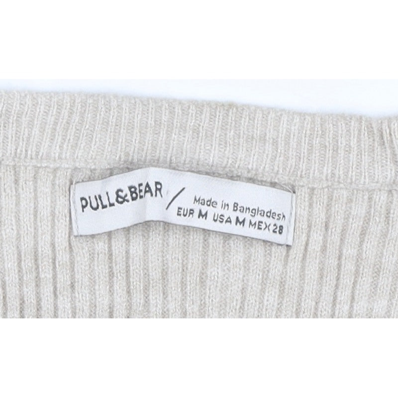 Pull&Bear Women's Beige M Rib Knit Button Henley Long Sleeve Jumper
