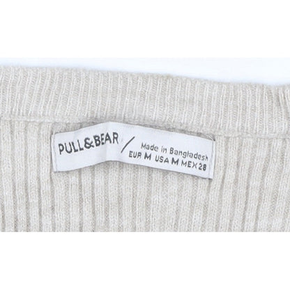 Pull&Bear Women's Beige M Rib Knit Button Henley Long Sleeve Jumper