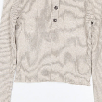 Pull&Bear Women's Beige M Rib Knit Button Henley Long Sleeve Jumper