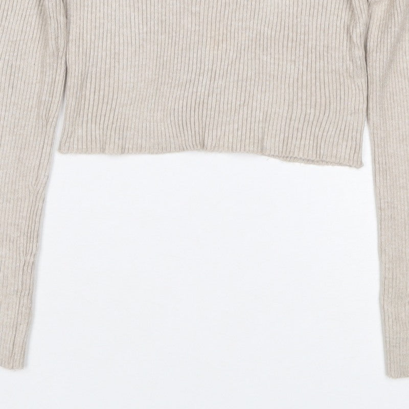 Pull&Bear Women's Beige M Rib Knit Button Henley Long Sleeve Jumper
