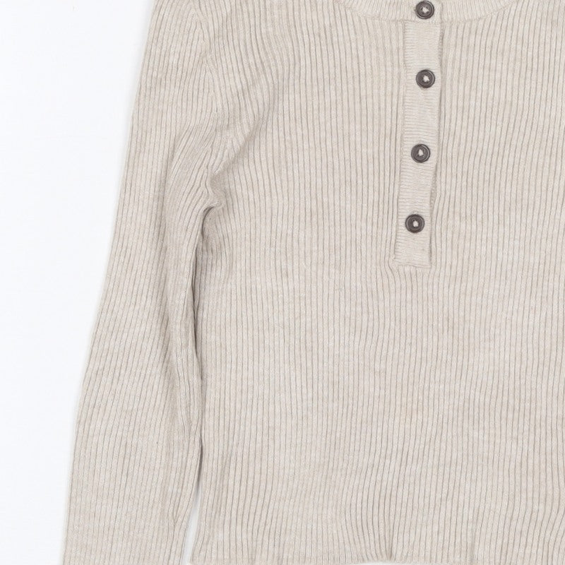Pull&Bear Women's Beige M Rib Knit Button Henley Long Sleeve Jumper