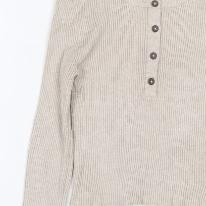 Pull&Bear Women's Beige M Rib Knit Button Henley Long Sleeve Jumper
