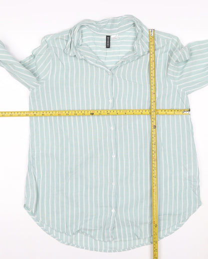 H&M Divided Women Mint Green Stripe Ruffle Basic Button-Up Shirt UK 12