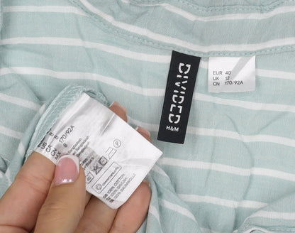 H&M Divided Women Mint Green Stripe Ruffle Basic Button-Up Shirt UK 12