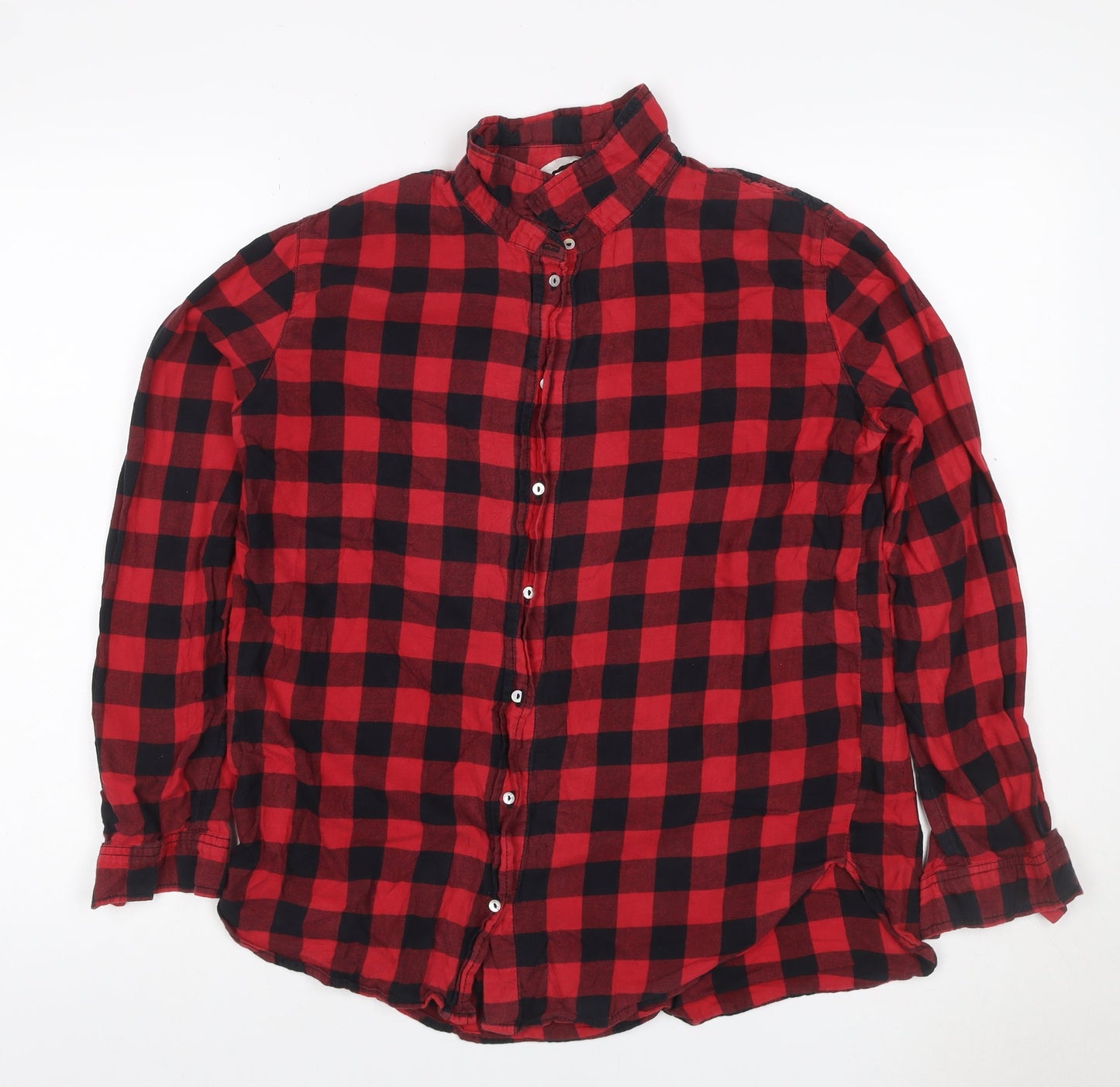 H&M Women Red Black Check Cotton Button-Up Shirt UK 12 Long Sleeve