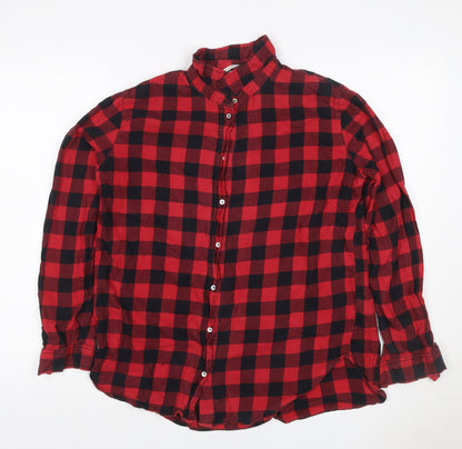 H&M Women Red Black Check Cotton Button-Up Shirt UK 12 Long Sleeve