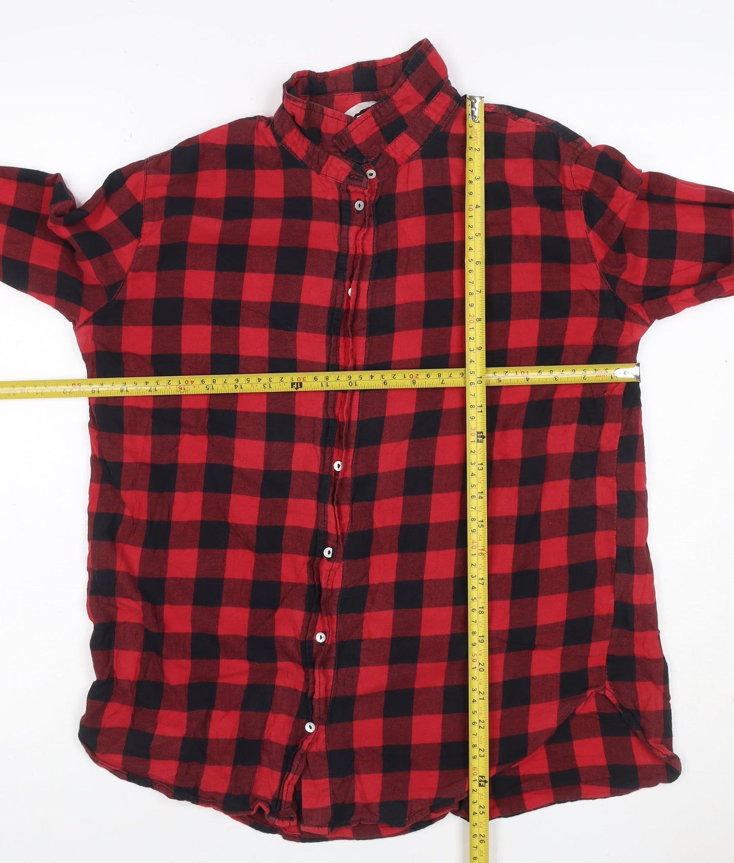 H&M Women Red Black Check Cotton Button-Up Shirt UK 12 Long Sleeve