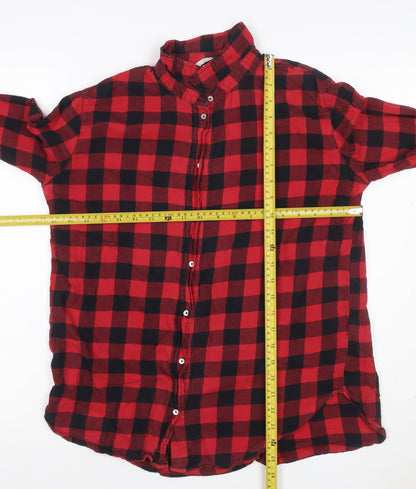 H&M Women Red Black Check Cotton Button-Up Shirt UK 12 Long Sleeve