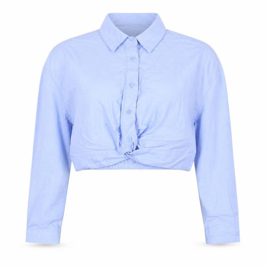 Bershka Women Blue M Cropped Button-Up Long Sleeve Cotton Shirt