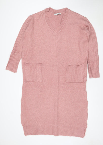 Next Women Pink Wool Knit V-Neck Long Sleeve Jumper Dress UK 12
