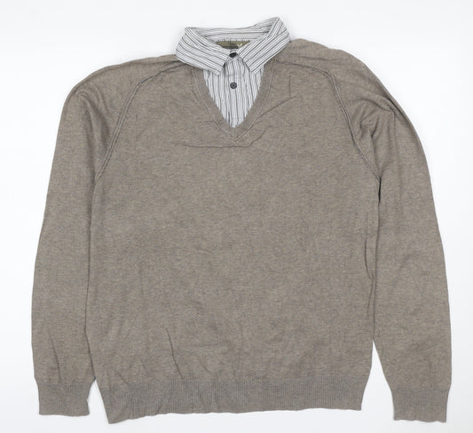 Next Women’s Brown V-Neck Mock Shirt Collar Knit Jumper Size M