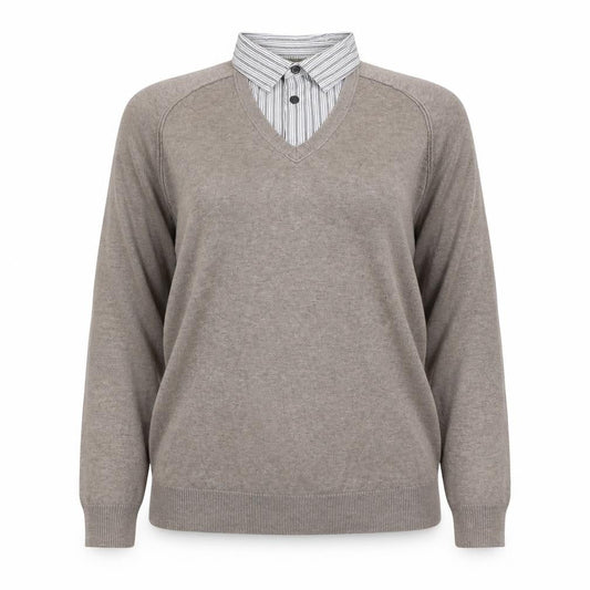 Next Women’s Brown V-Neck Mock Shirt Collar Knit Jumper Size M