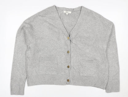 Marks and Spencer Women Grey M V-Neck Button Pocket Knit Cardigan