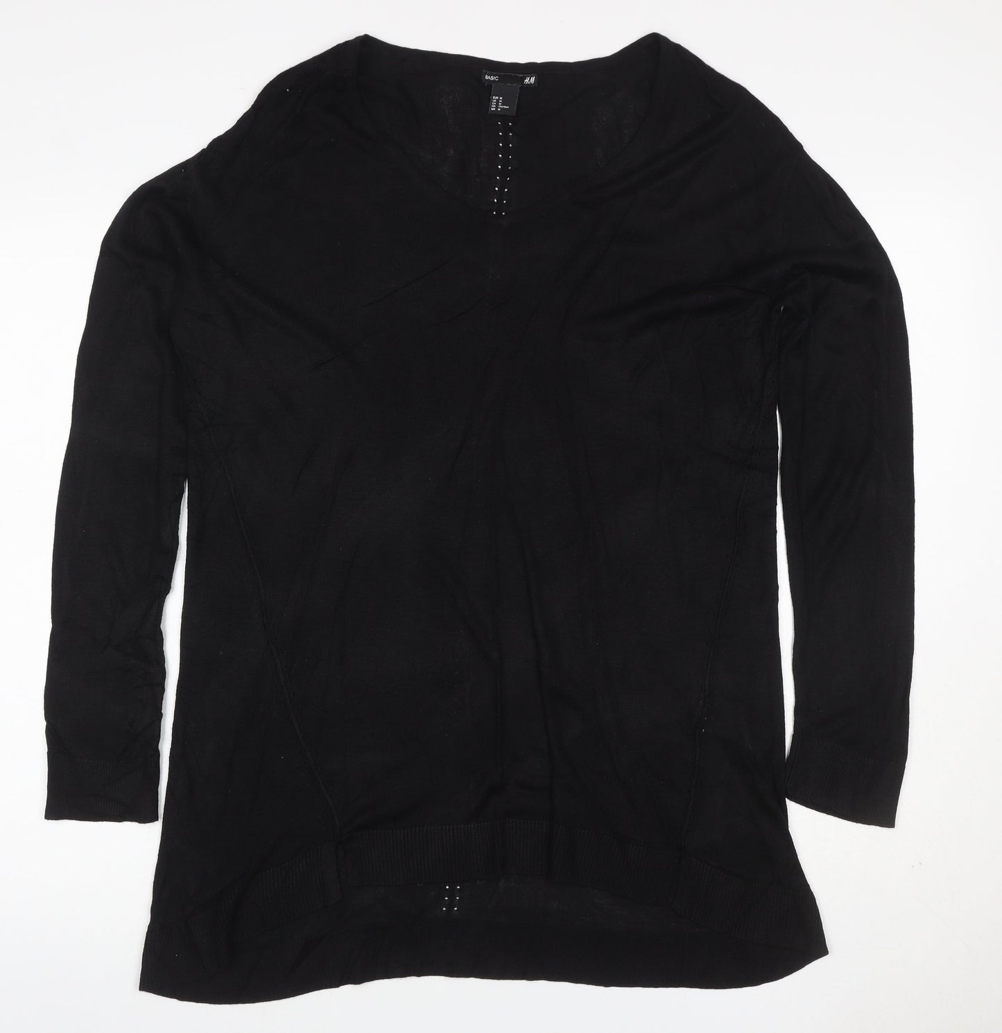 H&M Women Black M V-Neck Long Sleeve Rhinestone Knit Tunic Jumper