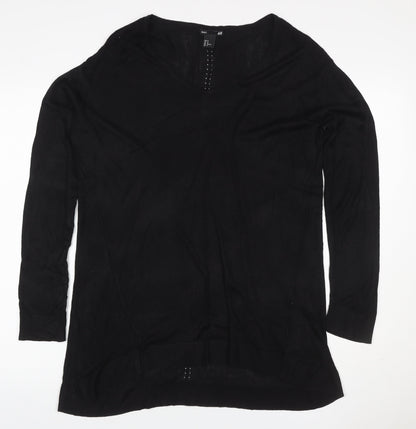 H&M Women Black M V-Neck Long Sleeve Rhinestone Knit Tunic Jumper