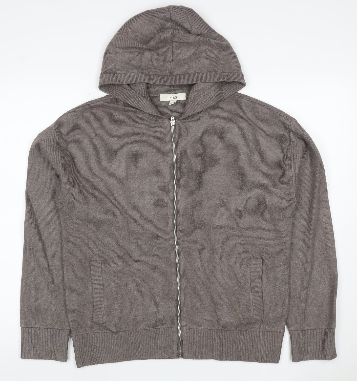 Marks and Spencer Men's Grey M Full Zip Hooded Knit Cotton Blend Hoodie