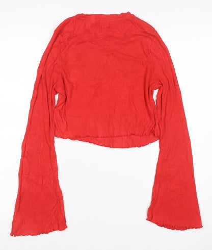 River Island Women Red UK 14 Cropped Ribbed Bell Sleeve Jersey Top
