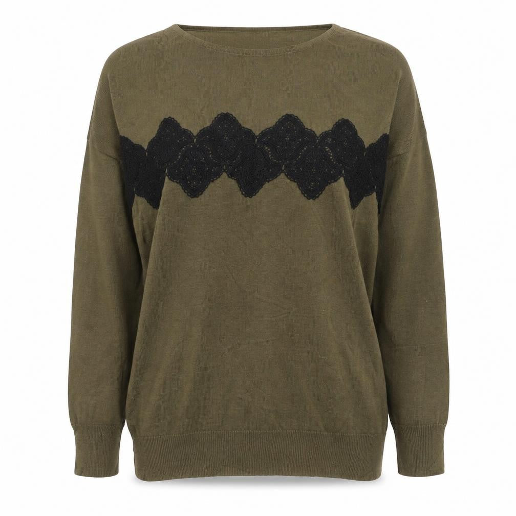 Front view of Dorothy Perkins Women Green Lace Trim Cotton Jumper UK 14 Long Sleeve