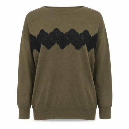 Front view of Dorothy Perkins Women Green Lace Trim Cotton Jumper UK 14 Long Sleeve