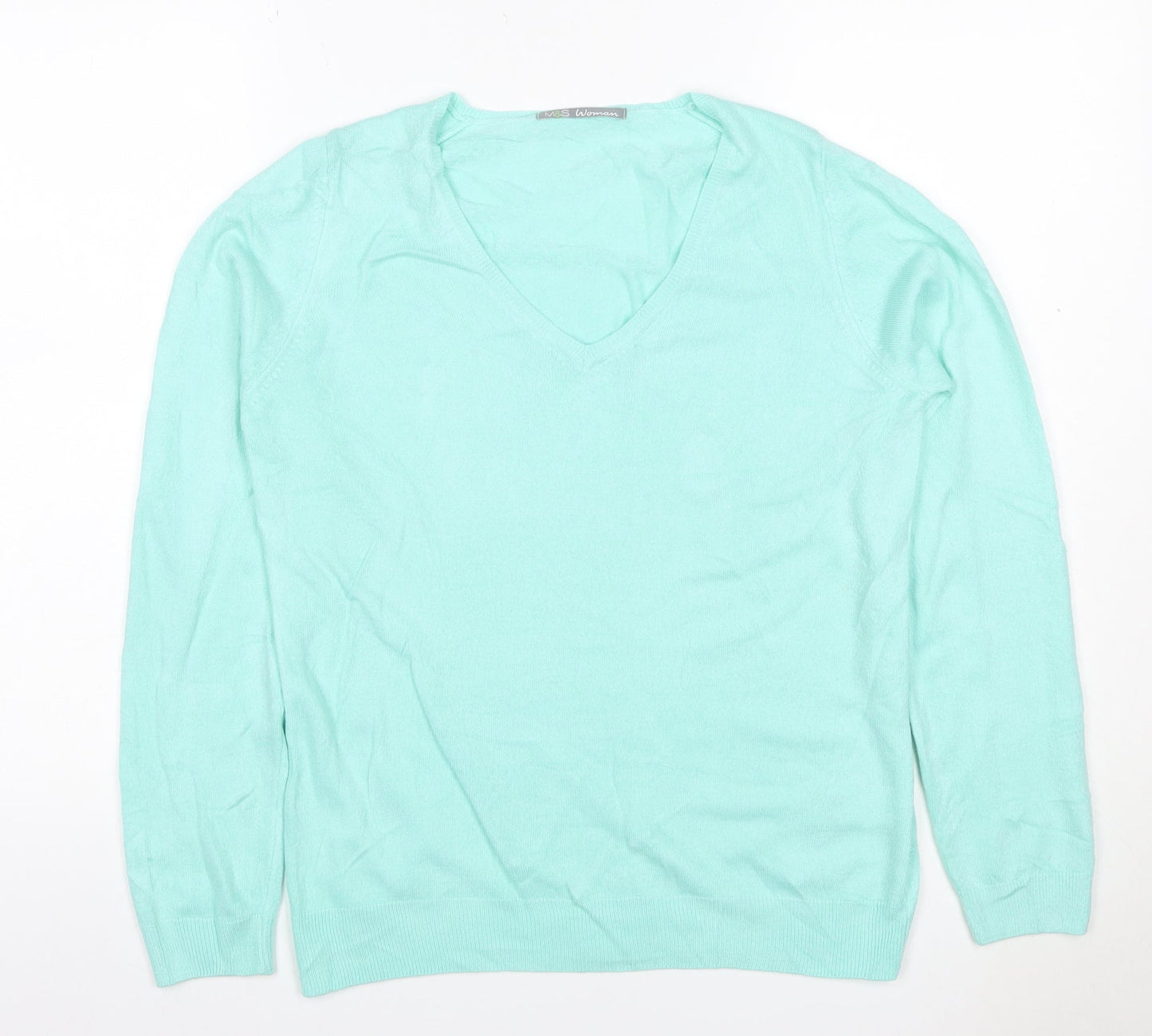 Marks and Spencer Women Green UK 12 V-Neck Acrylic Knit Jumper