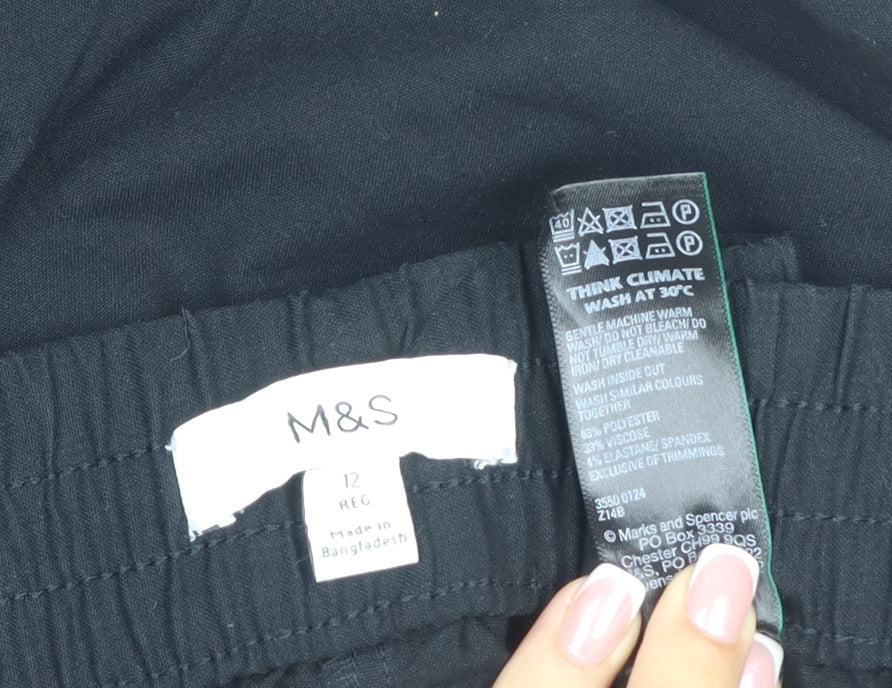 Marks and Spencer Women Black UK 12 Regular Wide-Leg Elastic Waist Trousers