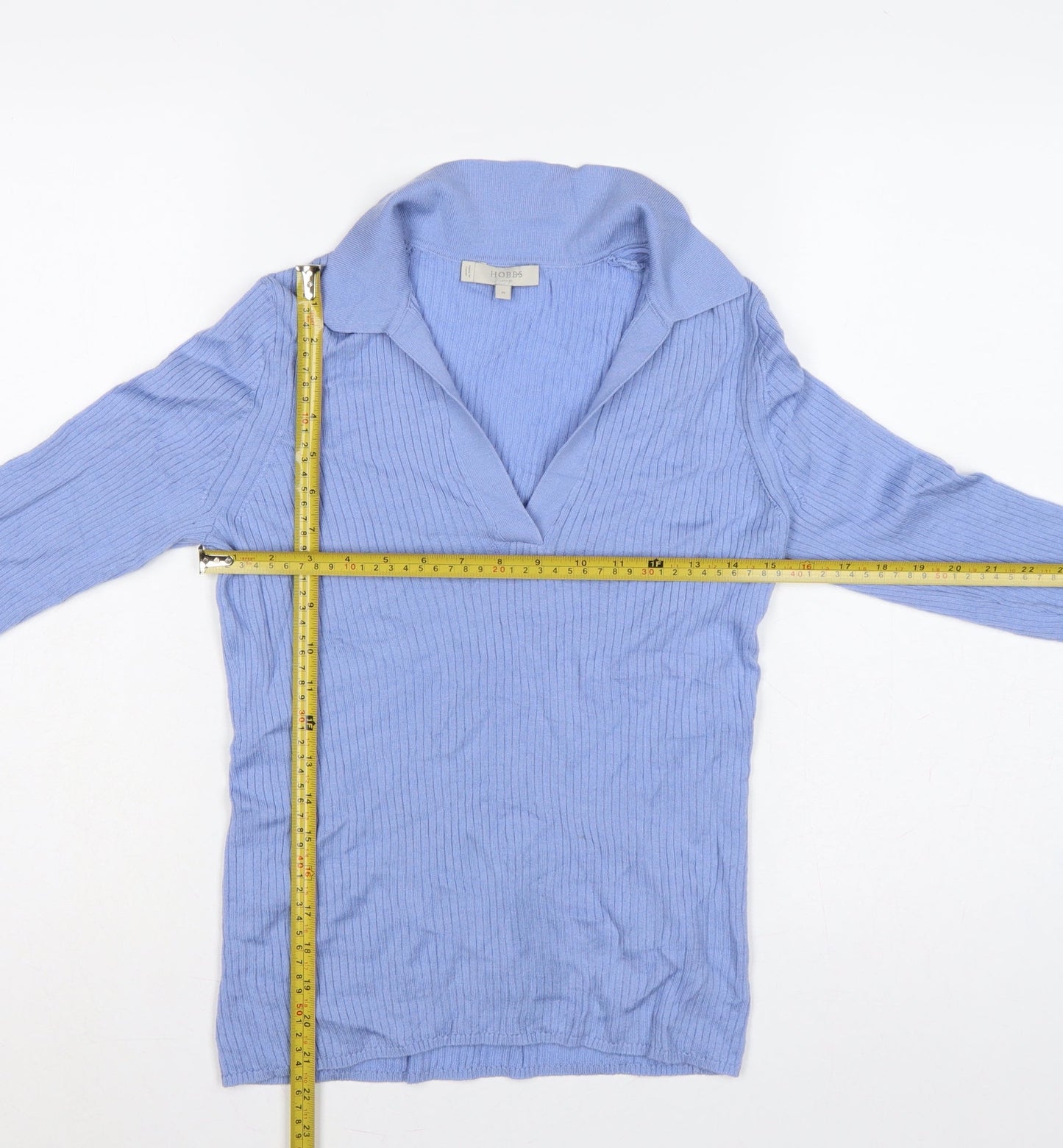 Hobbs Women Blue Merino Wool Ribbed Collared V-Neck Jumper M