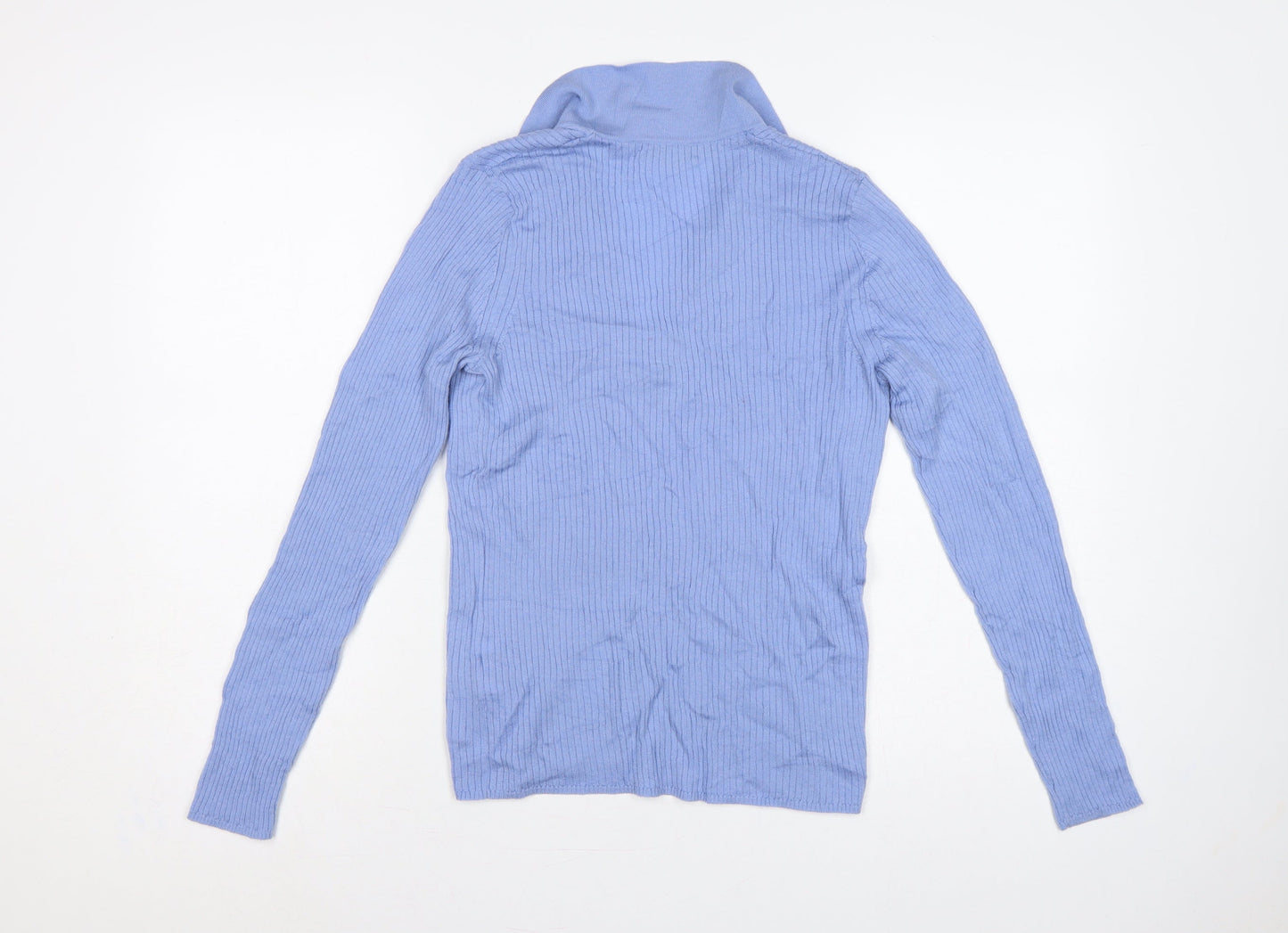 Hobbs Women Blue Merino Wool Ribbed Collared V-Neck Jumper M